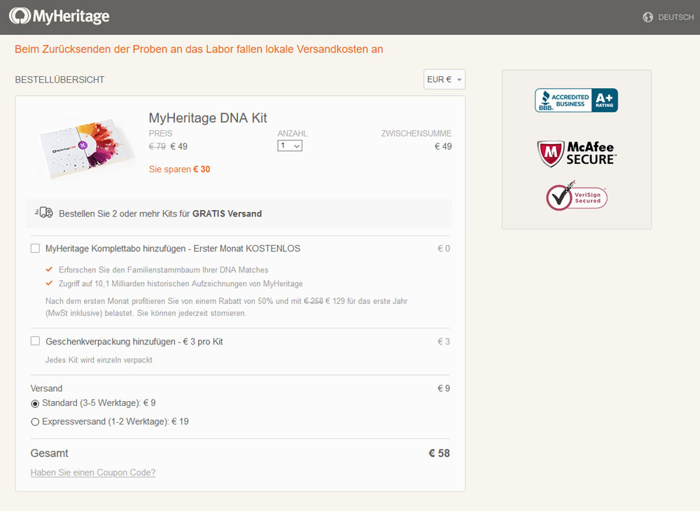 MyHeritage Bestellung