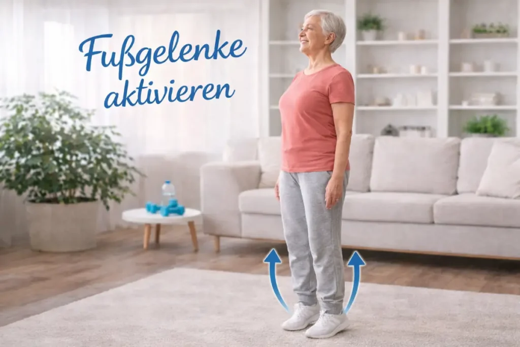 Seniorin macht Übung für die Fußgelenke Beweglich bis ins hohe Alter – Meine Tipps & Übungen für zuhause