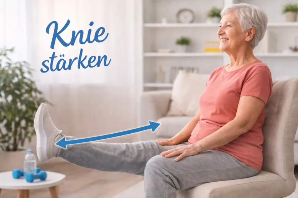 Seniorin macht Übung für die Knie Beweglich bis ins hohe Alter – Meine Tipps & Übungen für zuhause